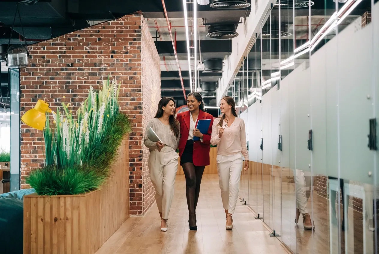 Three colleagues walking together through a bright office corridor