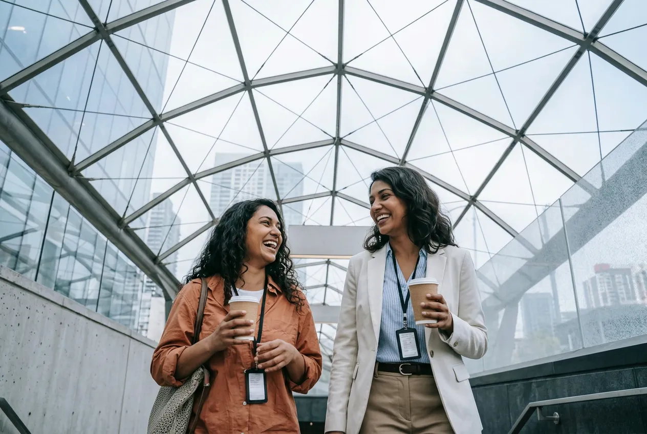 Two colleagues talking and laughing under a glass atrium