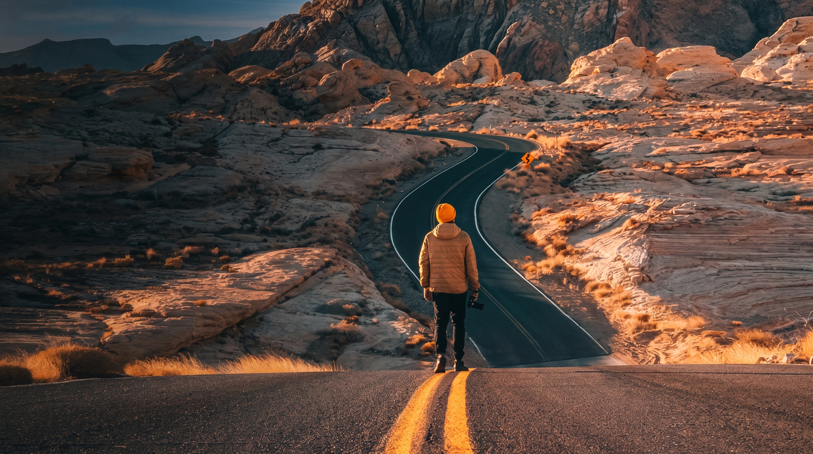 Road in desert canyon with man in orange jacket